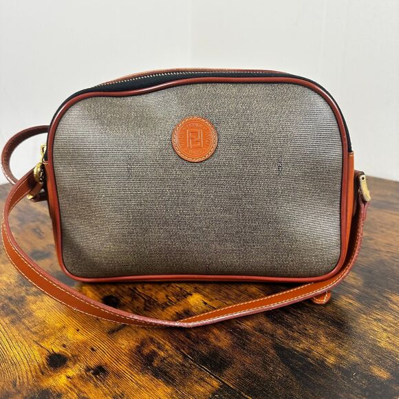 Fendi FF Brown Gray Leather PVC Logo Accent Crossbody Shoulder Bag Vintage - Picture 1 of 16